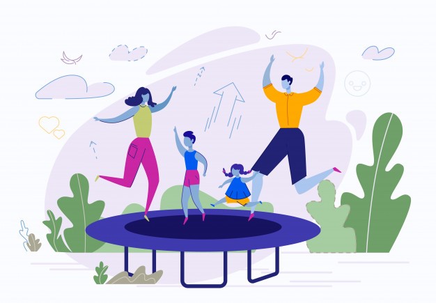 Family outdoor activities, jumping on trampoline Premium Vector