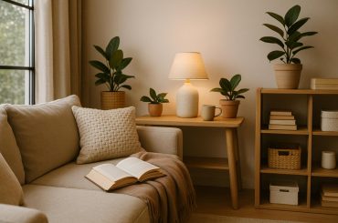 Modern condo living room with soft lighting, plush sofa, and study nook for a cozy atmosphere