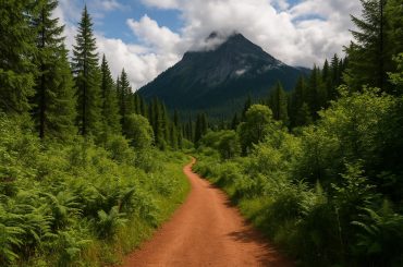 Hiker exploring lush forest trail, promoting eco-friendly and responsible travel practices