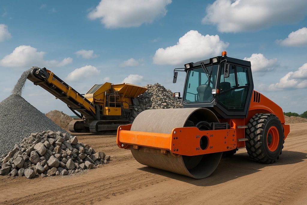 Road construction machinery: crusher and roller operating on asphalt during heavy roadworks