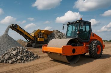 Road construction machinery: crusher and roller operating on asphalt during heavy roadworks