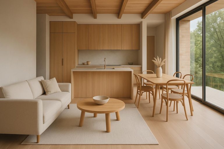 Modern home interior with open layout, large windows, natural materials, and stylish design