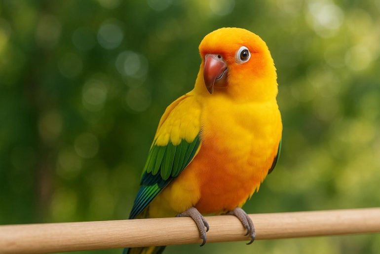 Colorful pet parrot perched on a branch, showcasing companionship and vibrant feathers