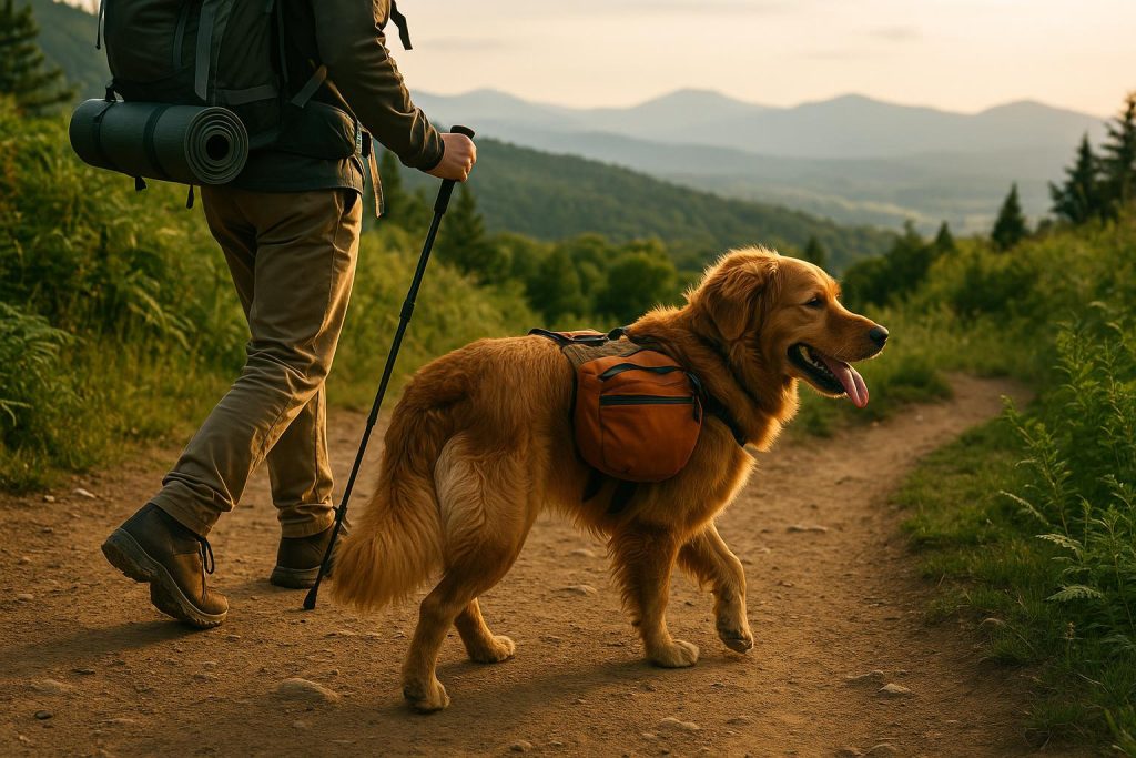 Dog hiking on a forest trail, showcasing tips for safe and enjoyable outdoor adventures together