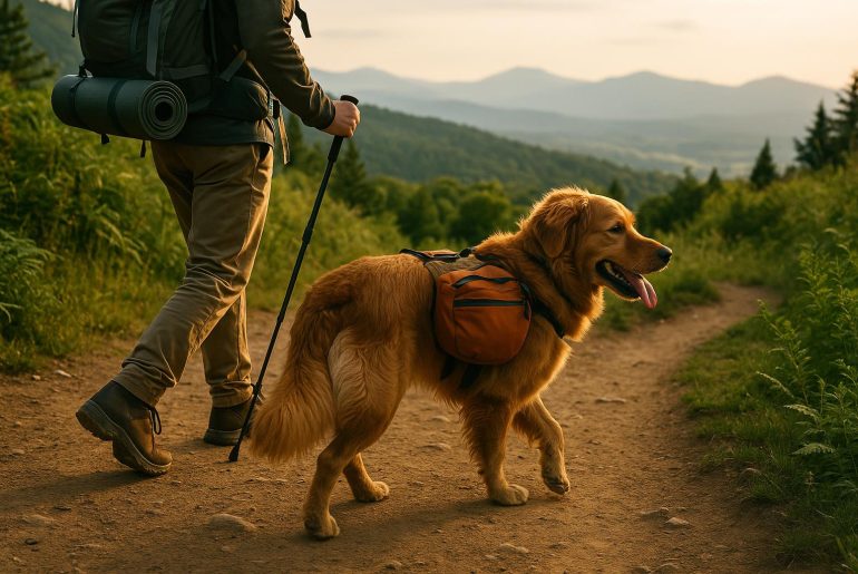 Dog hiking on a forest trail, showcasing tips for safe and enjoyable outdoor adventures together