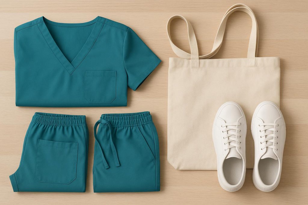 Colorful medical scrubs displayed on hangers, showcasing versatile everyday clothing styles