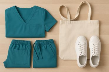 Colorful medical scrubs displayed on hangers, showcasing versatile everyday clothing styles