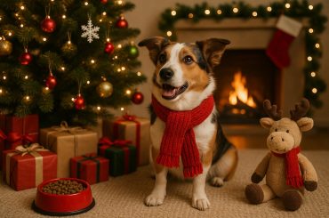 Dog wearing a holiday sweater near decorated tree with festive pet toys and ornaments
