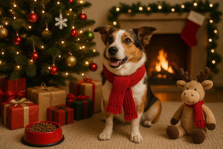 Dog wearing a holiday sweater near decorated tree with festive pet toys and ornaments