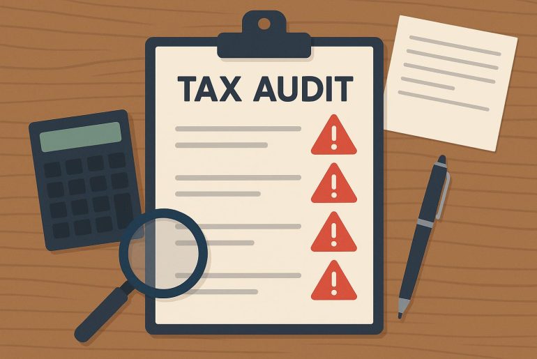 Tax documents, audit checklist, and IRS forms highlighting red flags for potential tax audits