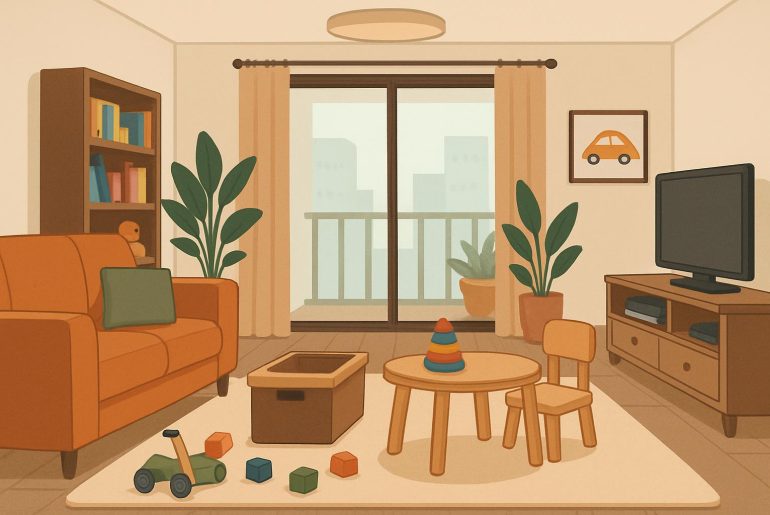 Bright, child-friendly condo living room setup with toddler toys and safety features