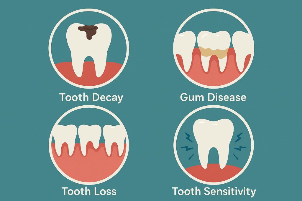 Dental checkup tools and healthy teeth illustrating preventive dental care against common oral issues