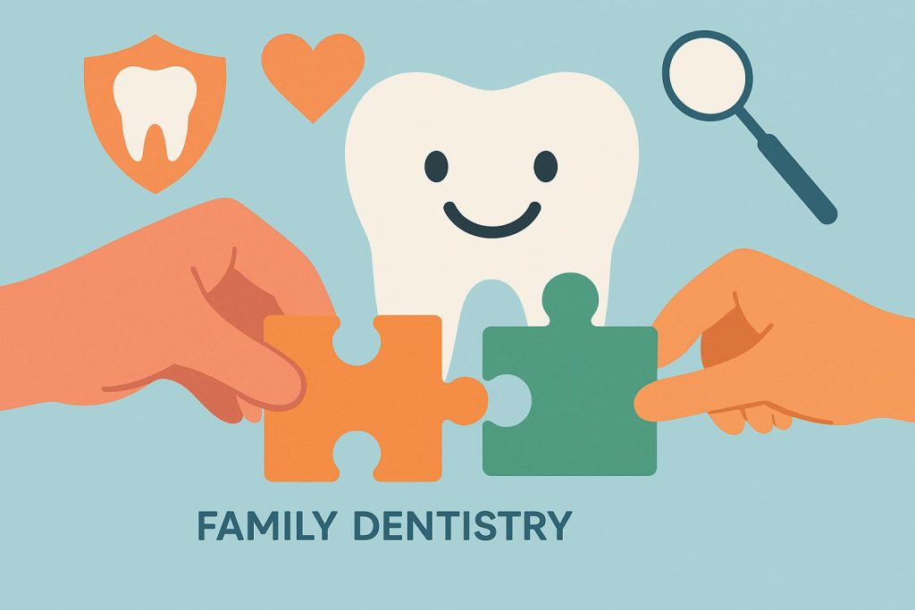 Parent and child brushing teeth together promoting teamwork in family dental care