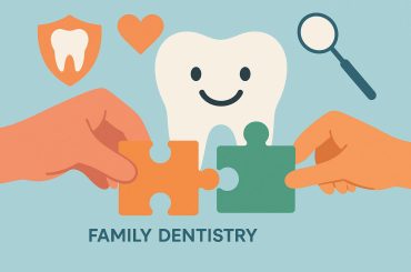Parent and child brushing teeth together promoting teamwork in family dental care