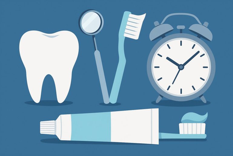 Dental tools and toothbrush on a clinic tray promoting preventive dental care for busy lifestyles