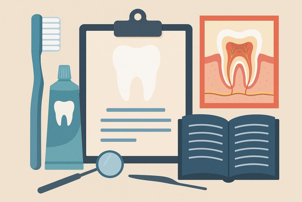 General dentist explaining proper oral hygiene techniques with dental tools and educational materials