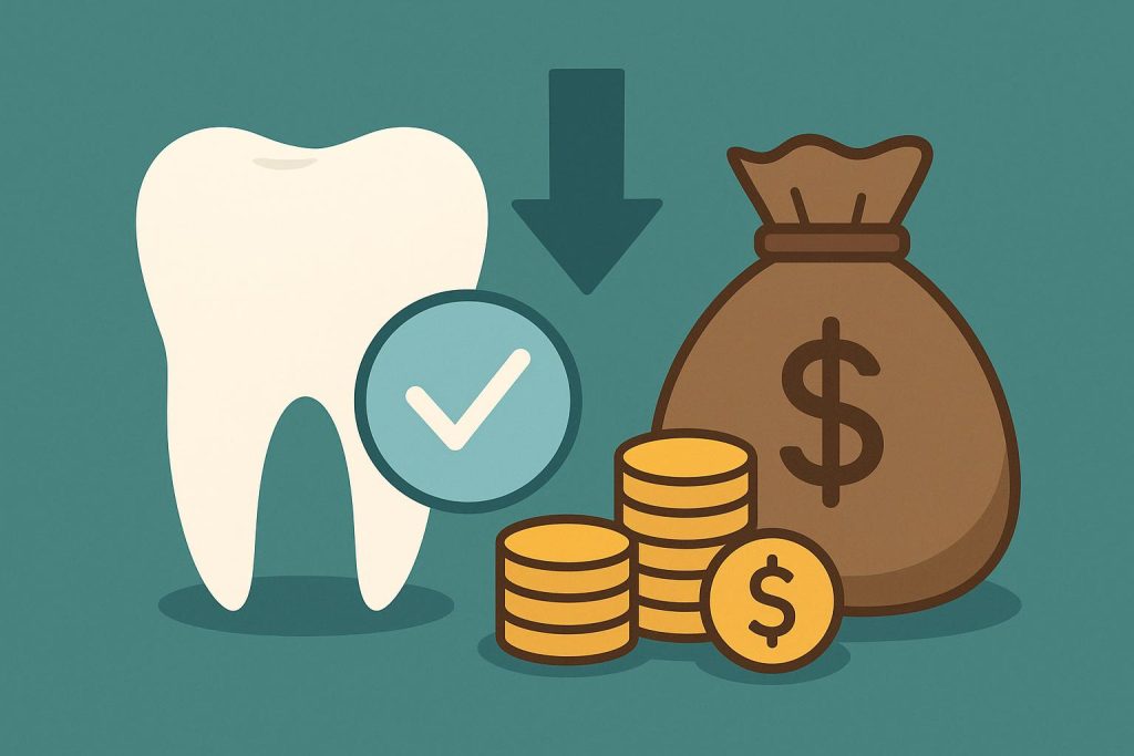 Dental tools and healthy teeth illustrating the benefits of preventive dentistry for cost savings