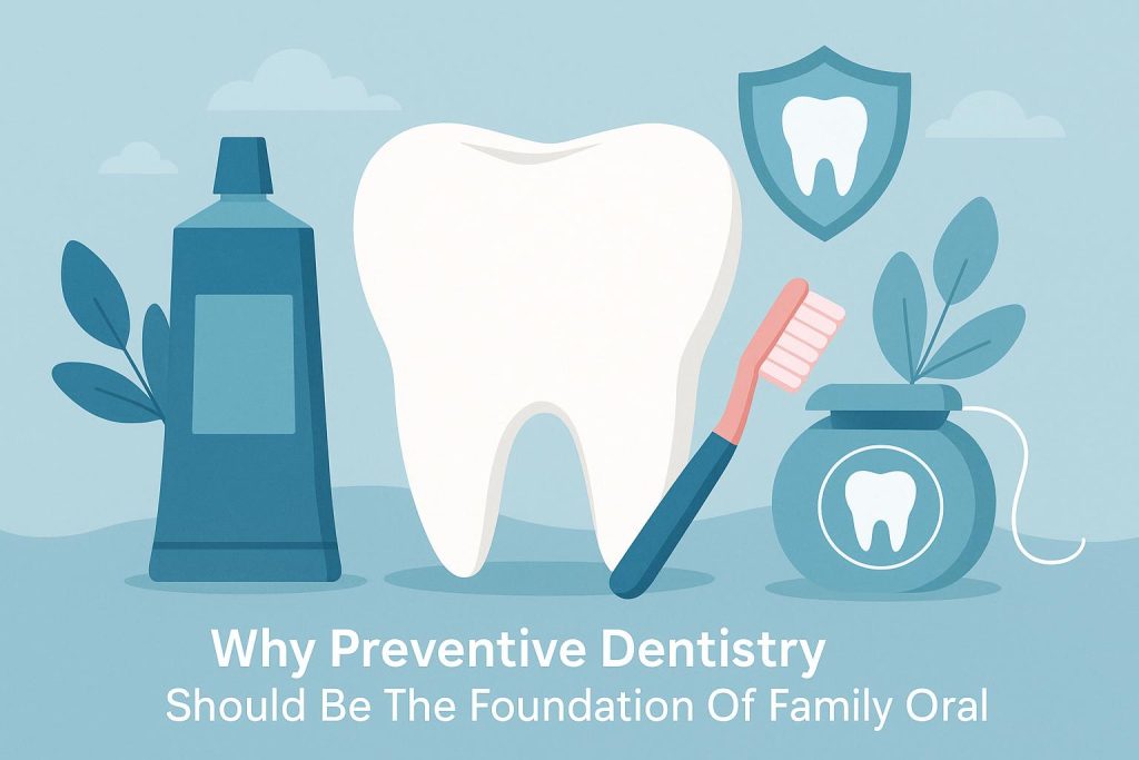 Dental tools and toothbrush on clean countertop promoting preventive family oral care foundation