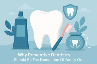 Dental tools and toothbrush on clean countertop promoting preventive family oral care foundation