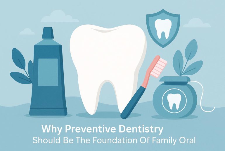 Dental tools and toothbrush on clean countertop promoting preventive family oral care foundation