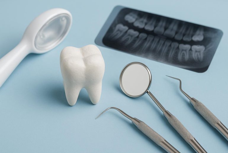 Dental checkup with tools promoting oral health screenings for patient confidence