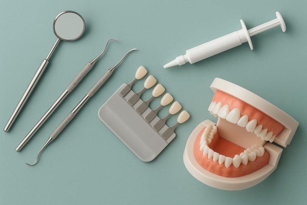Cosmetic and restorative dental treatments tools and materials arranged on a clinic tray