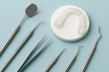 Clear aligners displayed with dental tools highlighting cosmetic options in family dentistry