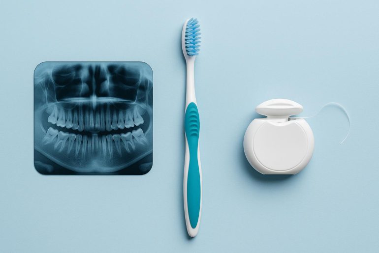 Dental checkup tools and toothbrushes arranged on a tray for preventive family dental care