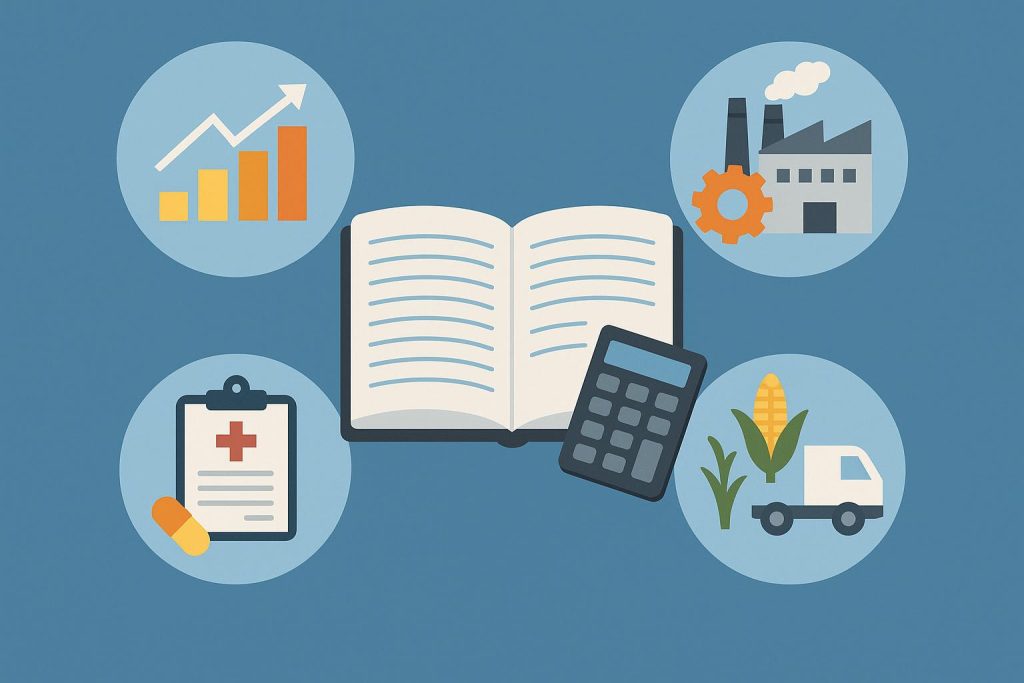 CPA analyzing financial charts tailored for different industries on a digital dashboard