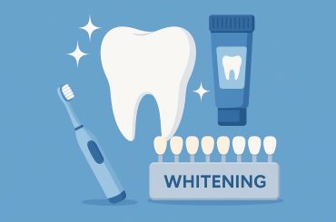 Bright white teeth and dental tools highlighting teeth whitening trends in cosmetic dentistry