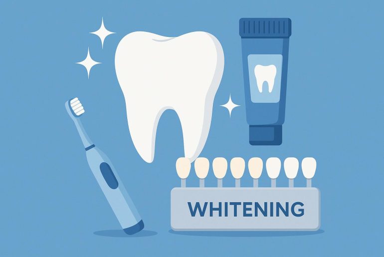 Bright white teeth and dental tools highlighting teeth whitening trends in cosmetic dentistry