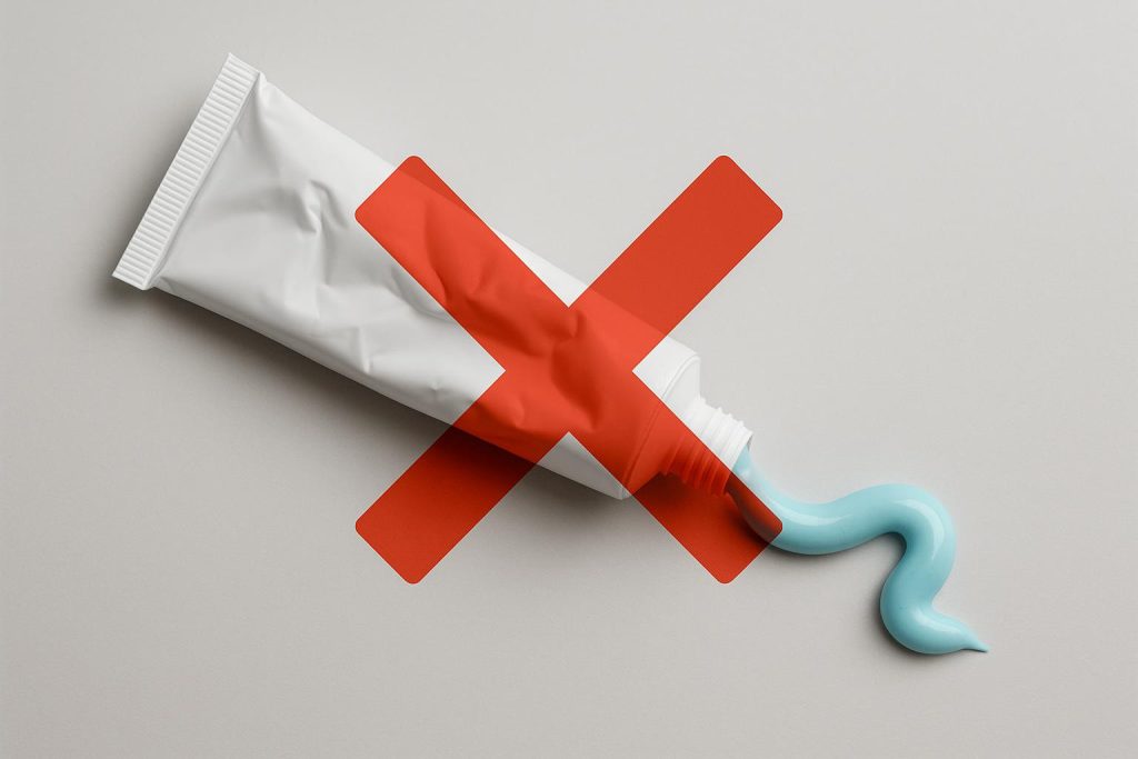 Un-squeezed toothpaste tube on bathroom counter highlighting proper toothpaste usage