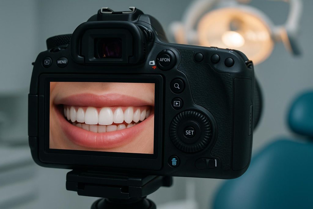 Dental photography equipment capturing close-up of teeth during cosmetic consultation procedure