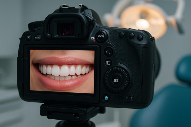 Dental photography equipment capturing close-up of teeth during cosmetic consultation procedure