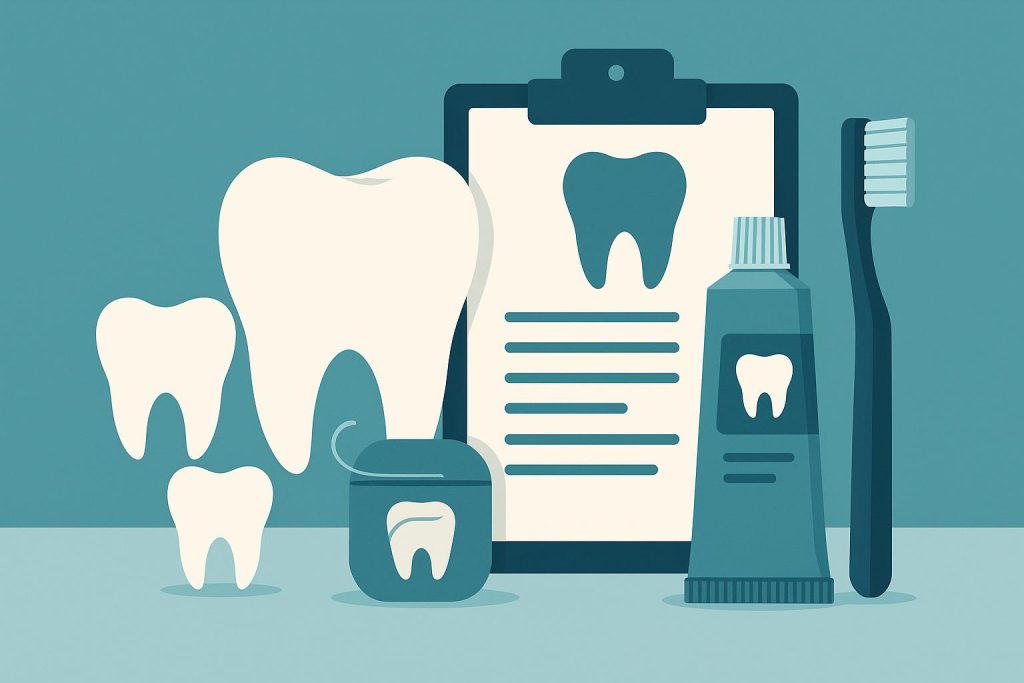 Dental professional holding toothbrush with family dental care icons representing all age groups