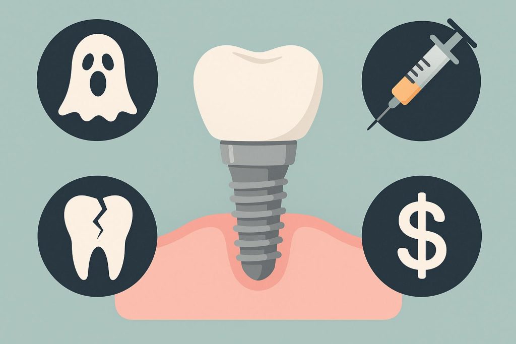 Dental implant model showing procedure steps and solutions to common patient concerns