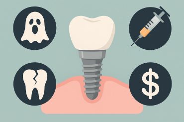 Dental implant model showing procedure steps and solutions to common patient concerns