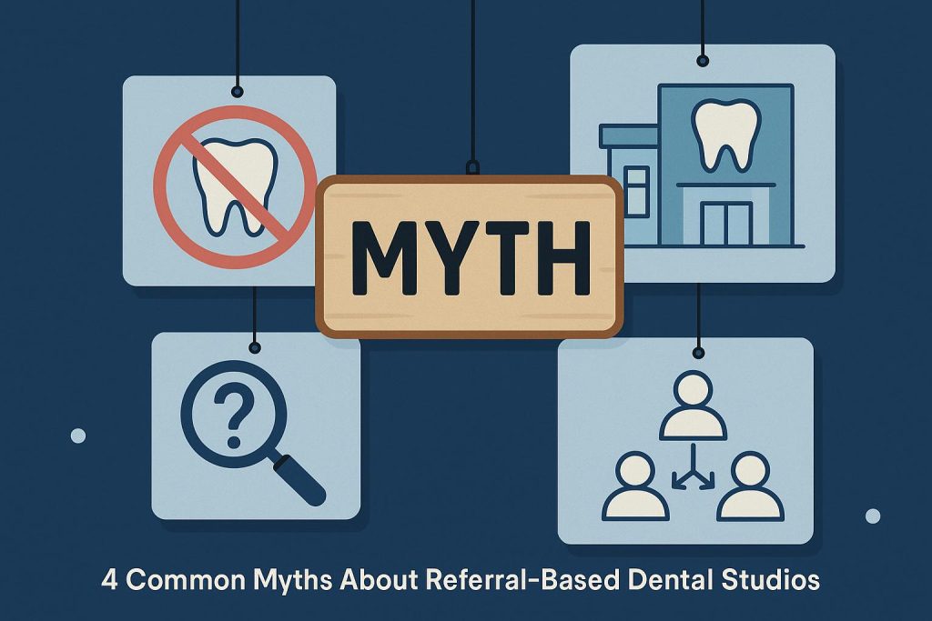 Dental studio interior with referral forms and dental equipment highlighting referral-based practices