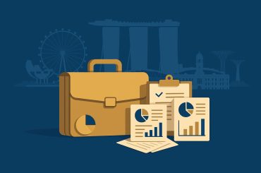 Singapore business district skyline with company registration documents and startup concept elements