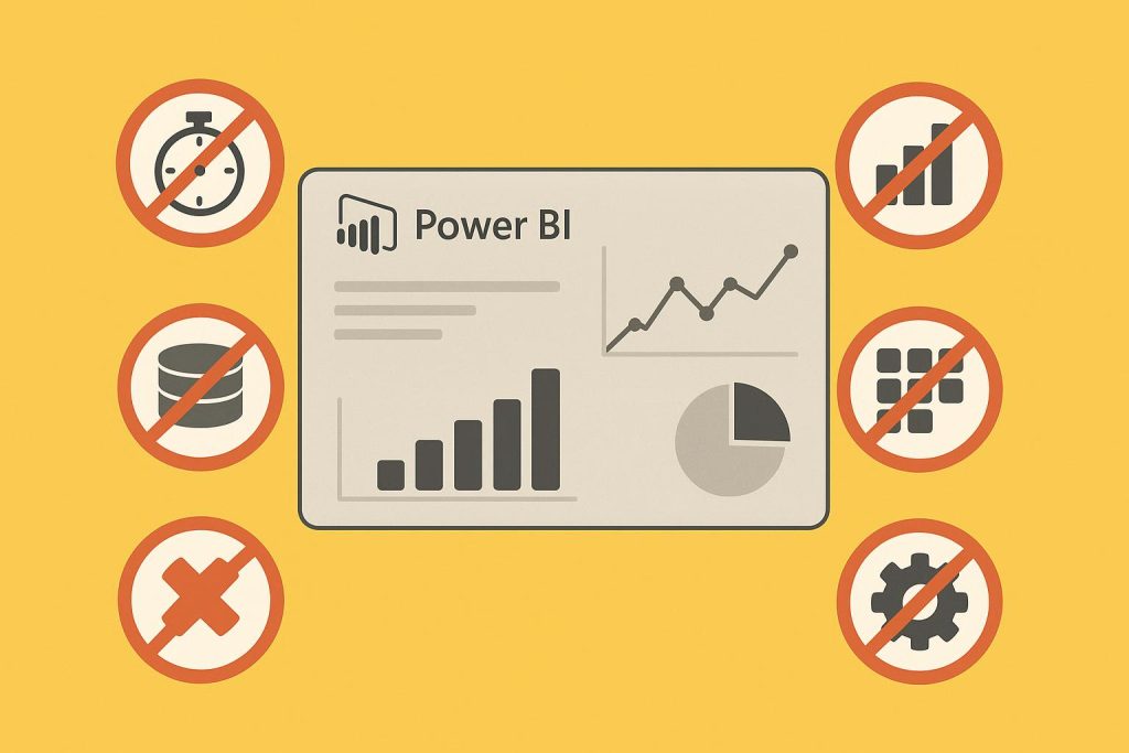 Power BI dashboard with slow performance and data visualization errors highlighted on screen
