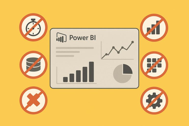 Power BI dashboard with slow performance and data visualization errors highlighted on screen