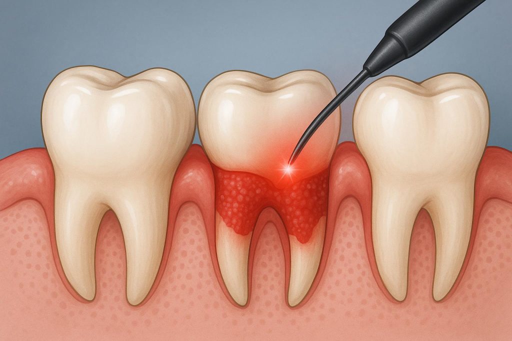 Dental professional using laser device to treat patient’s gums in modern dental clinic.