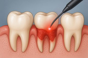 Dental professional using laser device to treat patient’s gums in modern dental clinic.
