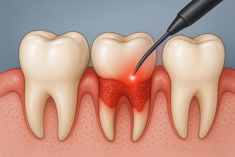 Dental professional using laser device to treat patient’s gums in modern dental clinic.