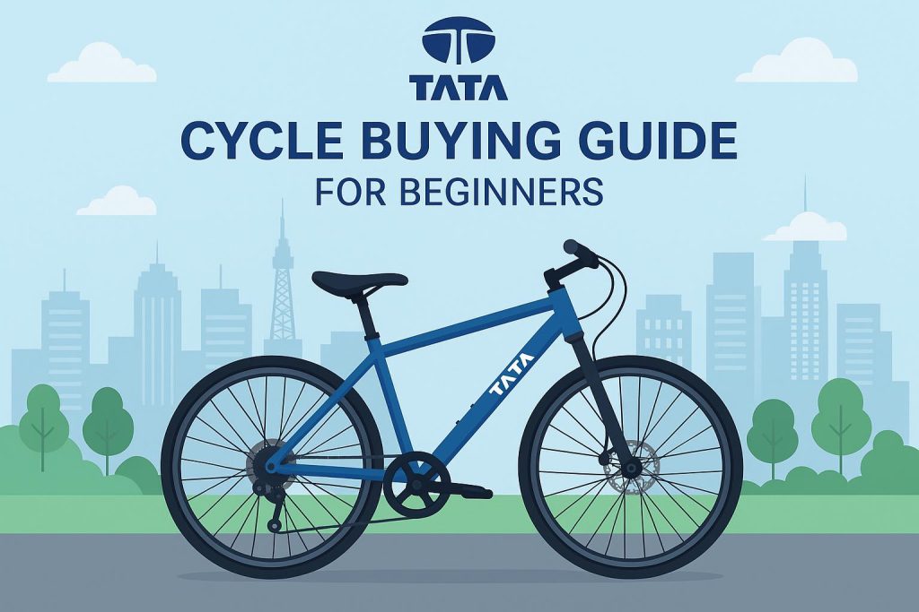 Beginner selecting a Tata bicycle from a row of bikes in a store for purchase guidance