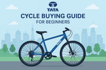 Beginner selecting a Tata bicycle from a row of bikes in a store for purchase guidance