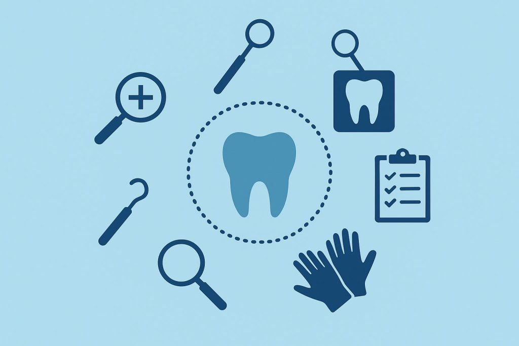 Dental tools arranged on tray for comprehensive general dentist examination procedures