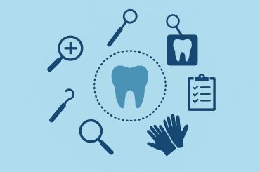 Dental tools arranged on tray for comprehensive general dentist examination procedures