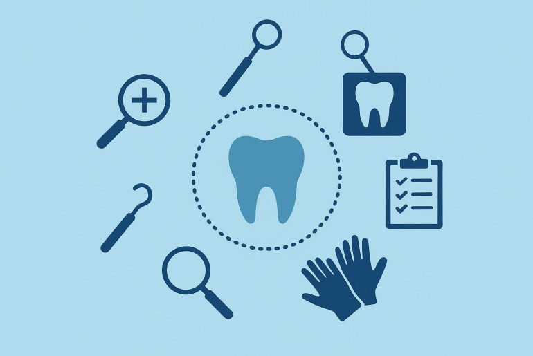 Dental tools arranged on tray for comprehensive general dentist examination procedures