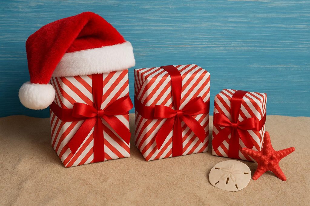 Festive Christmas gifts with summer decorations and wrapping for Christmas in July celebrations